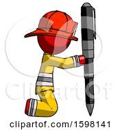 Poster, Art Print Of Red Firefighter Fireman Man Posing With Giant Pen In Powerful Yet Awkward Manner