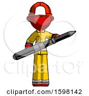Poster, Art Print Of Red Firefighter Fireman Man Posing Confidently With Giant Pen