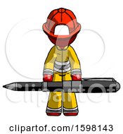Poster, Art Print Of Red Firefighter Fireman Man Weightlifting A Giant Pen