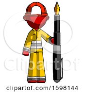 Red Firefighter Fireman Man Holding Giant Calligraphy Pen