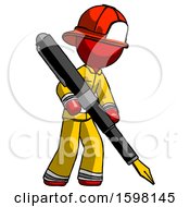 Red Firefighter Fireman Man Drawing Or Writing With Large Calligraphy Pen