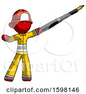 Red Firefighter Fireman Man Pen Is Mightier Than The Sword Calligraphy Pose