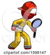 Poster, Art Print Of Red Firefighter Fireman Man Inspecting With Large Magnifying Glass Right