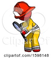 Poster, Art Print Of Red Firefighter Fireman Man Inspecting With Large Magnifying Glass Left