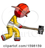 Poster, Art Print Of Red Firefighter Fireman Man Hitting With Sledgehammer Or Smashing Something