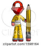 Poster, Art Print Of Red Firefighter Fireman Man With Large Pencil Standing Ready To Write