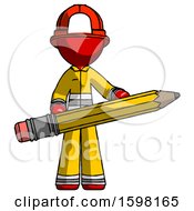 Poster, Art Print Of Red Firefighter Fireman Man Writer Or Blogger Holding Large Pencil