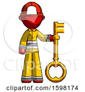 Poster, Art Print Of Red Firefighter Fireman Man Holding Key Made Of Gold
