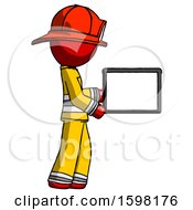 Poster, Art Print Of Red Firefighter Fireman Man Show Tablet Device Computer To Viewer Blank Area