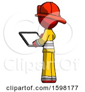 Poster, Art Print Of Red Firefighter Fireman Man Looking At Tablet Device Computer With Back To Viewer