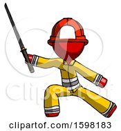 Poster, Art Print Of Red Firefighter Fireman Man With Ninja Sword Katana In Defense Pose