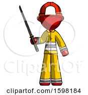 Poster, Art Print Of Red Firefighter Fireman Man Standing Up With Ninja Sword Katana