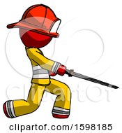 Poster, Art Print Of Red Firefighter Fireman Man With Ninja Sword Katana Slicing Or Striking Something
