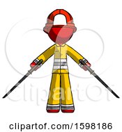 Red Firefighter Fireman Man Posing With Two Ninja Sword Katanas
