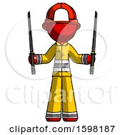 Red Firefighter Fireman Man Posing With Two Ninja Sword Katanas Up