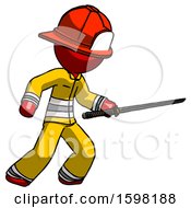Poster, Art Print Of Red Firefighter Fireman Man Stabbing With Ninja Sword Katana