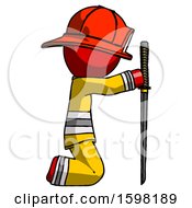 Poster, Art Print Of Red Firefighter Fireman Man Kneeling With Ninja Sword Katana Showing Respect