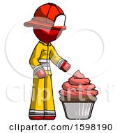 Poster, Art Print Of Red Firefighter Fireman Man With Giant Cupcake Dessert
