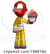 Poster, Art Print Of Red Firefighter Fireman Man Presenting Pink Cupcake To Viewer