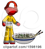 Poster, Art Print Of Red Firefighter Fireman Man And Noodle Bowl Giant Soup Restaraunt Concept