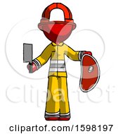 Poster, Art Print Of Red Firefighter Fireman Man Holding Large Steak With Butcher Knife