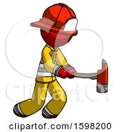 Poster, Art Print Of Red Firefighter Fireman Man With Ax Hitting Striking Or Chopping