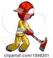 Poster, Art Print Of Red Firefighter Fireman Man Striking With A Red Firefighters Ax