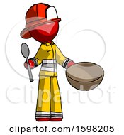 Poster, Art Print Of Red Firefighter Fireman Man With Empty Bowl And Spoon Ready To Make Something