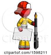 Poster, Art Print Of Red Firefighter Fireman Man Holding Large Envelope And Calligraphy Pen