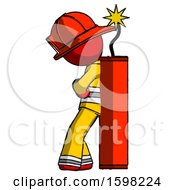 Poster, Art Print Of Red Firefighter Fireman Man Leaning Against Dynimate Large Stick Ready To Blow