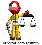 Poster, Art Print Of Red Firefighter Fireman Man Justice Concept With Scales And Sword Justicia Derived