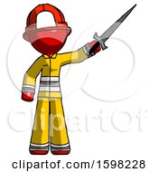 Poster, Art Print Of Red Firefighter Fireman Man Holding Sword In The Air Victoriously