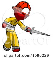 Poster, Art Print Of Red Firefighter Fireman Man Sword Pose Stabbing Or Jabbing