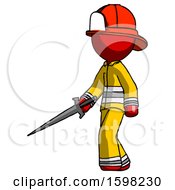 Poster, Art Print Of Red Firefighter Fireman Man With Sword Walking Confidently