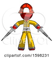 Poster, Art Print Of Red Firefighter Fireman Man Two Sword Defense Pose