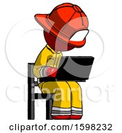 Poster, Art Print Of Red Firefighter Fireman Man Using Laptop Computer While Sitting In Chair Angled Right
