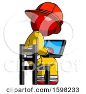 Poster, Art Print Of Red Firefighter Fireman Man Using Laptop Computer While Sitting In Chair View From Back