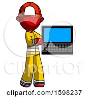 Poster, Art Print Of Red Firefighter Fireman Man Holding Laptop Computer Presenting Something On Screen