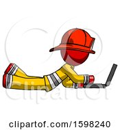 Poster, Art Print Of Red Firefighter Fireman Man Using Laptop Computer While Lying On Floor Side View