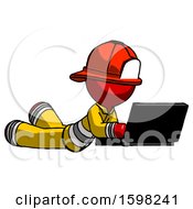 Poster, Art Print Of Red Firefighter Fireman Man Using Laptop Computer While Lying On Floor Side Angled View