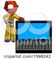 Poster, Art Print Of Red Firefighter Fireman Man Beside Large Laptop Computer Leaning Against It