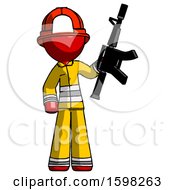 Poster, Art Print Of Red Firefighter Fireman Man Holding Automatic Gun