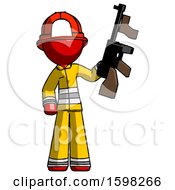 Poster, Art Print Of Red Firefighter Fireman Man Holding Tommygun