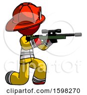 Poster, Art Print Of Red Firefighter Fireman Man Kneeling Shooting Sniper Rifle