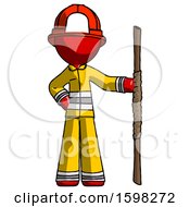 Poster, Art Print Of Red Firefighter Fireman Man Holding Staff Or Bo Staff