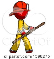 Poster, Art Print Of Red Firefighter Fireman Man Holding Bo Staff In Sideways Defense Pose