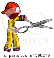 Poster, Art Print Of Red Firefighter Fireman Man Holding Giant Scissors Cutting Out Something