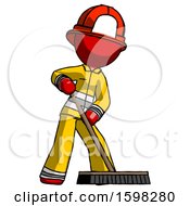 Poster, Art Print Of Red Firefighter Fireman Man Cleaning Services Janitor Sweeping Floor With Push Broom