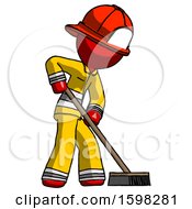 Poster, Art Print Of Red Firefighter Fireman Man Cleaning Services Janitor Sweeping Side View