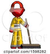 Red Firefighter Fireman Man Standing With Industrial Broom